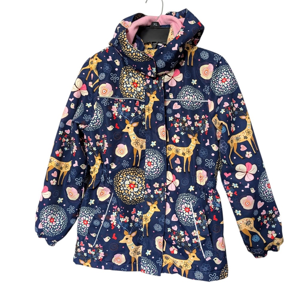 L'amour de garde Girls Navy Deer Floral Fleece Lined Hooded‎ Rain Jacket 134/140